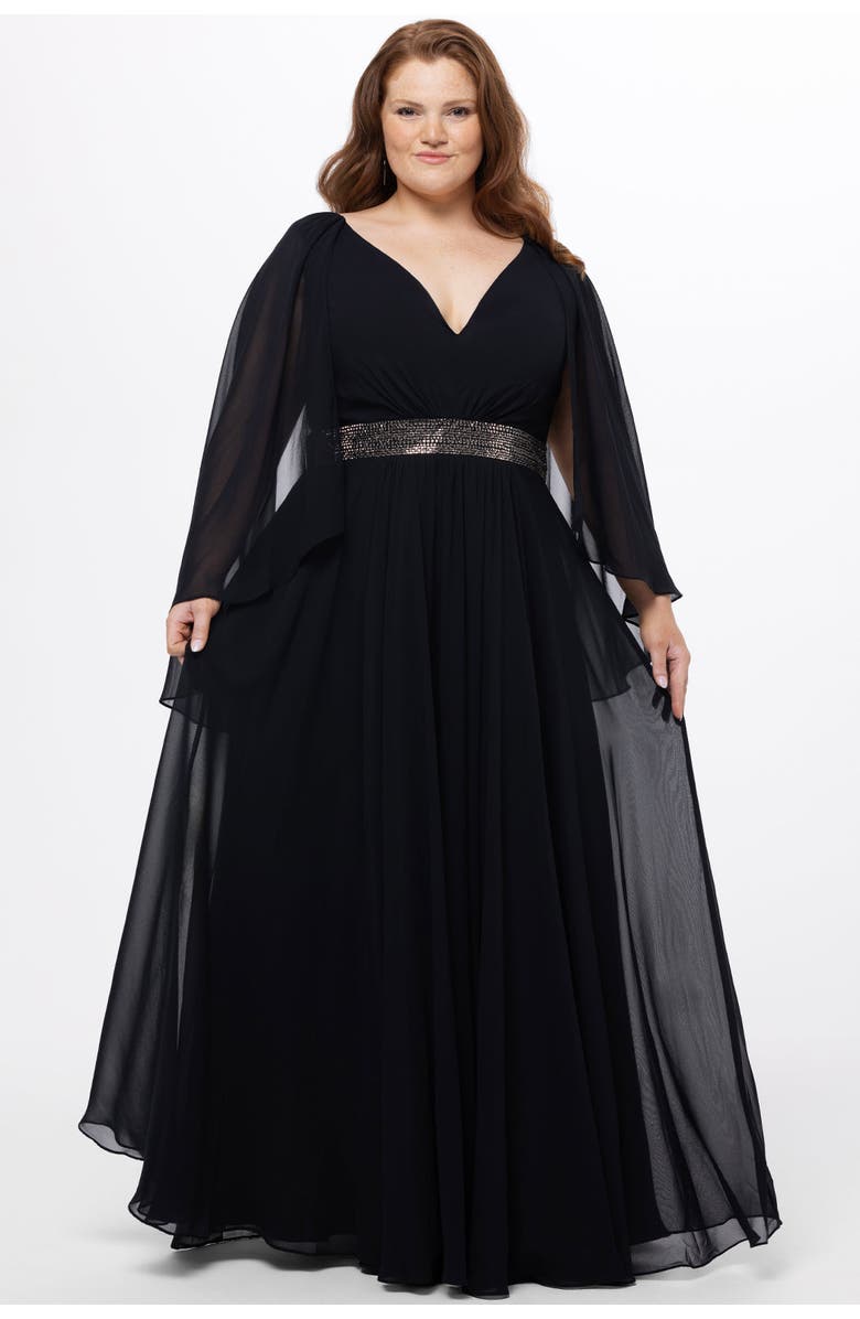 Celebrations by Sydney's Closet Long Cape Sleeve V-Neck Plus Size Dress, Alternate, color, Black