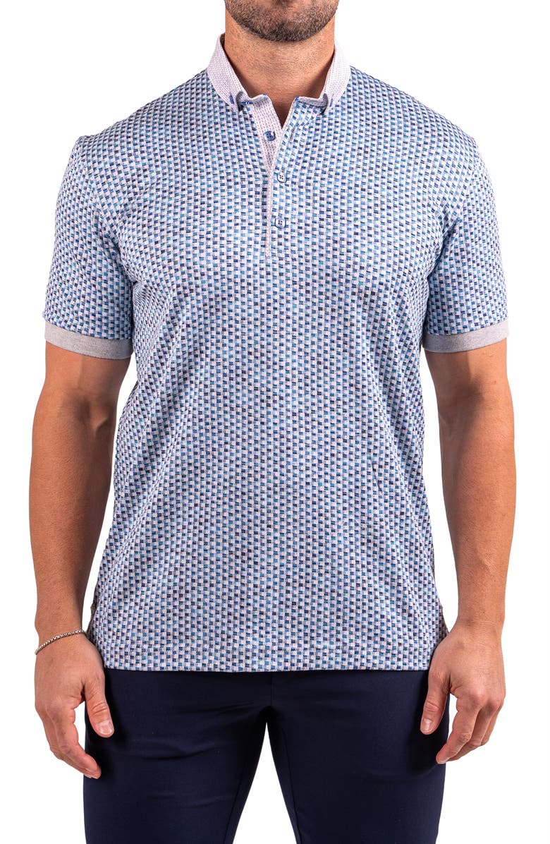 Maceoo Collarcubic Blue Cotton Jacquard Button-Down Polo, Main, color, Blue