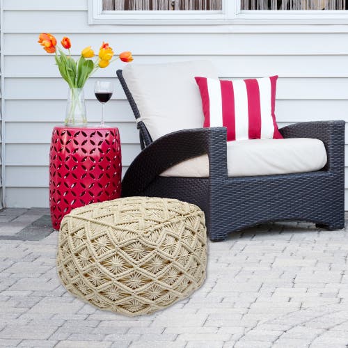 Northlight 18" Beige Handmade Macramé Natural Cotton Square Pouf Ottoman