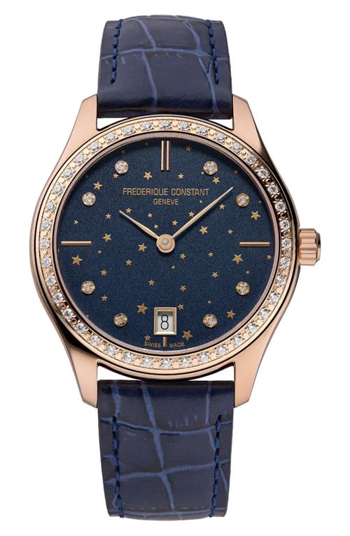 FREDERIQUE CONSTANT Classic Leather Strap Watch, 36mm in Blue/Rose Gold at Nordstrom