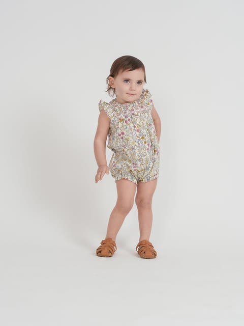 Baby Girl Floral Woven Bubble Romper - 100% Cotton, Smocked Embroidered Yoke