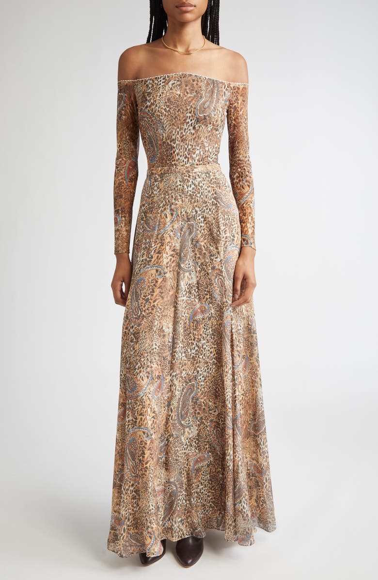 L'AGENCE Peonie Off the Shoulder Bodysuit, Alternate, color, Brown/ Blue Valencia Leopard