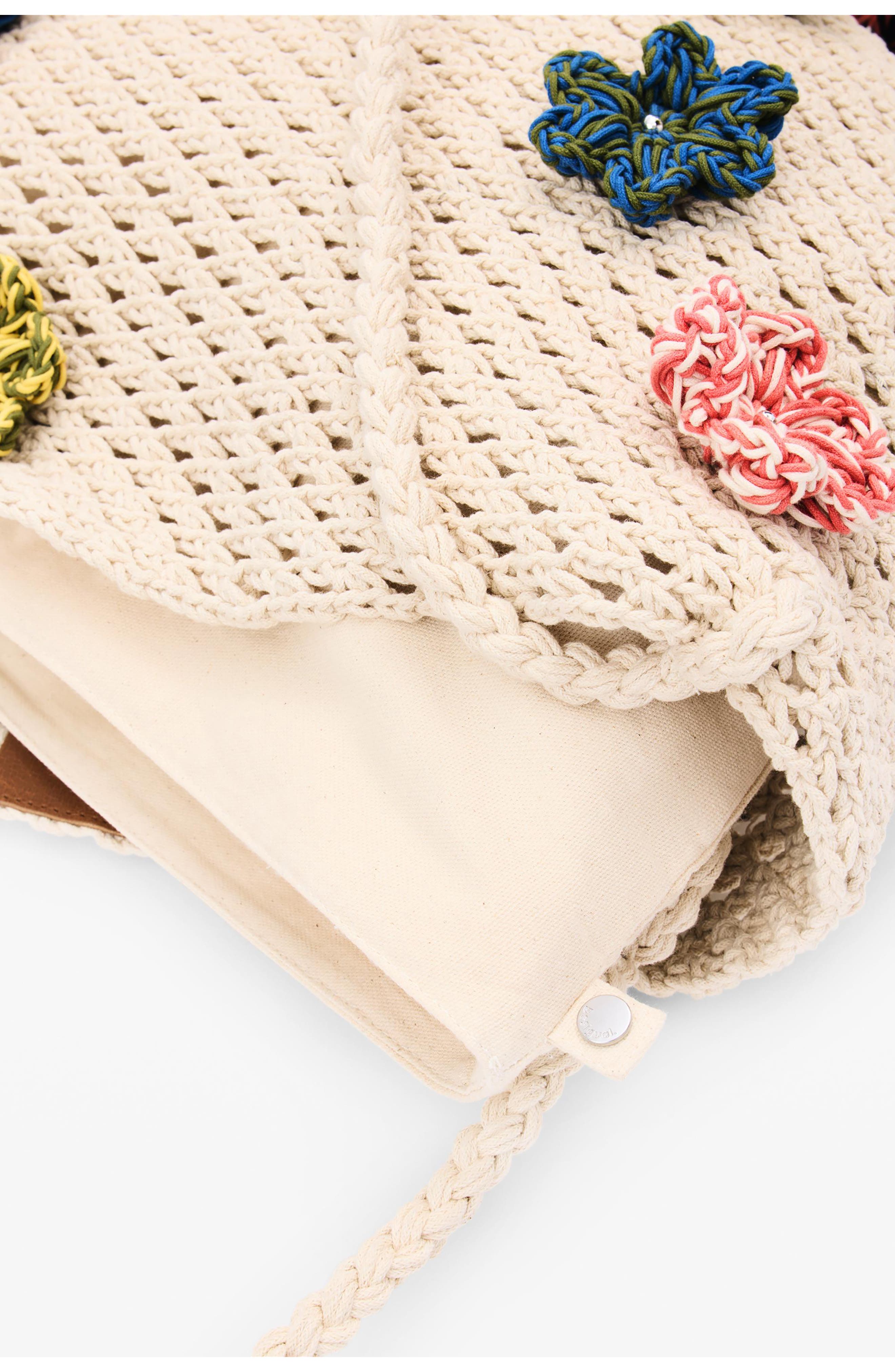 Desigual Floral Appliqué Open Knit Cotton Shoulder Bag, Alternate, color, Ivory Multi