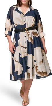DONNA KARAN Floral Print Chiffon Midi Shirtdress