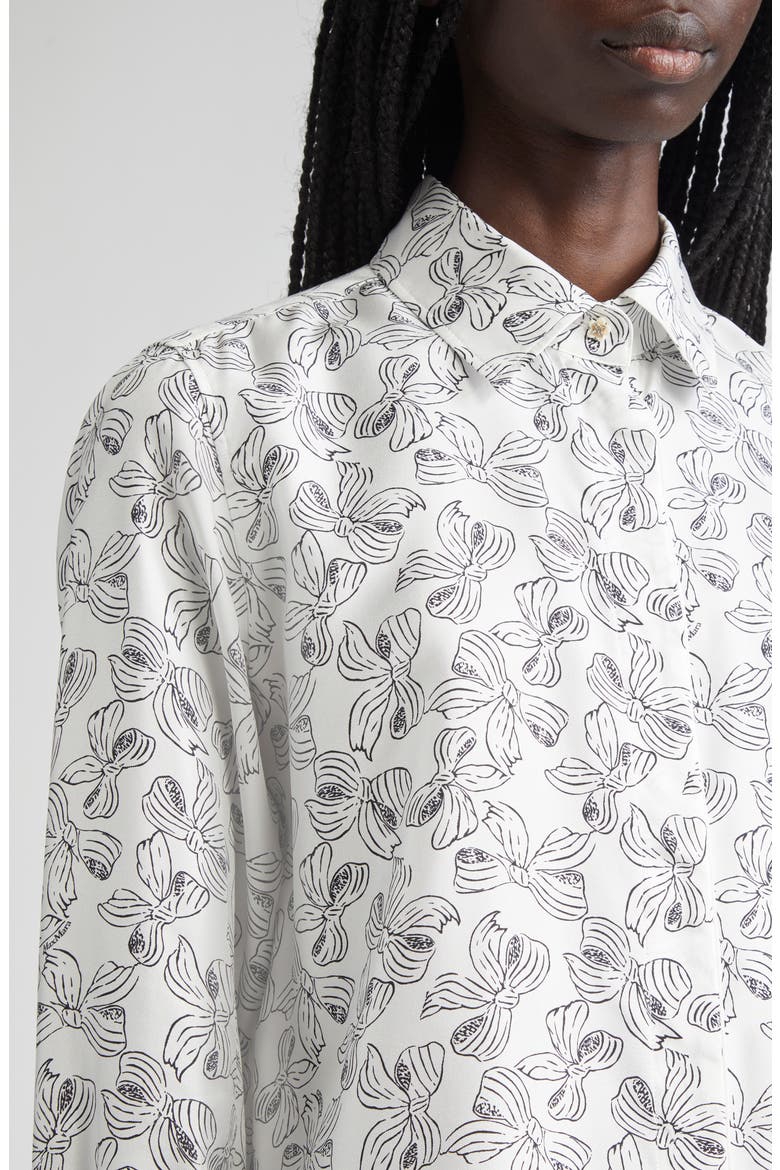 Rodesia Bow Print Silk Twill Button-Up Shirt, Alternate, color, WHITE BLACK