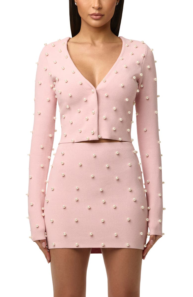 Naked Wardrobe Crop Faux Pearl Cardigan, Main, color, Cotton Candy
