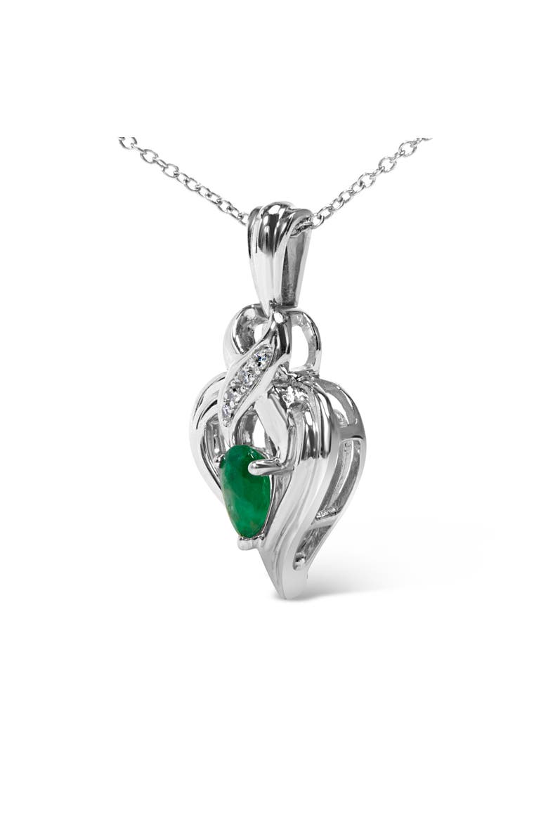 Silver 6x4mm Pear Emerald and Diamond Accent Heart Pendant Necklace, Alternate, color, White