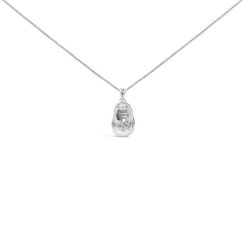 14K White Gold Diamond Accent Baby Shoe with Bow Pendant Necklace