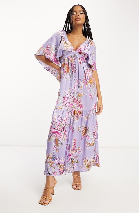 Floral Print Flutter Sleeve Satin Maxi Dress