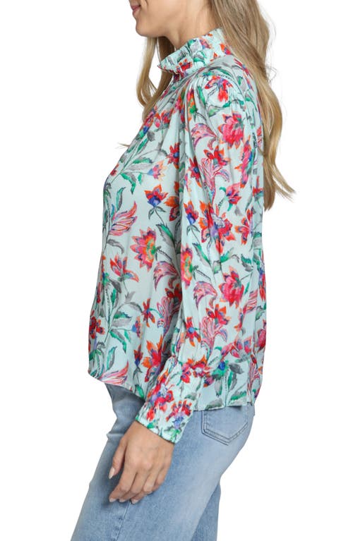 Apny Puff Sleeve Blouse With Ruched Detail In Turquoise Multi In Turquoise Multi