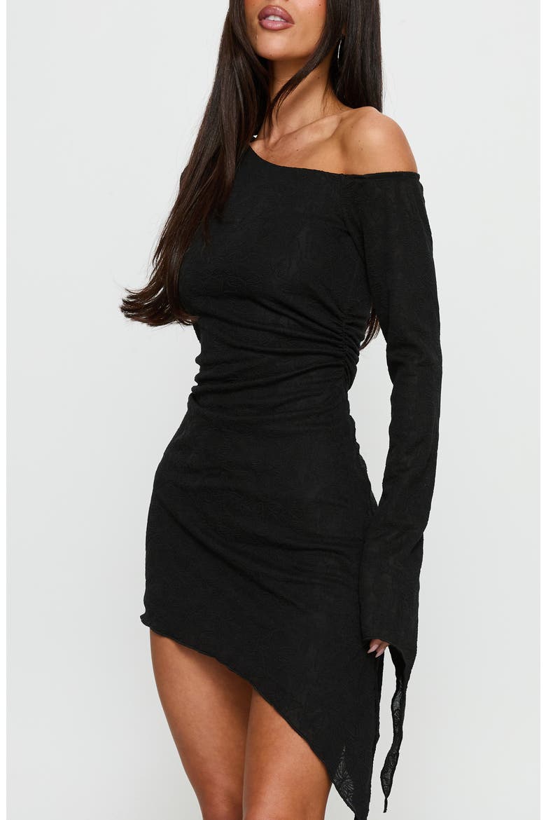 Face Card One-Shoulder Long Sleeve Asymmetric Minidress, Alternate, color, BLACK
