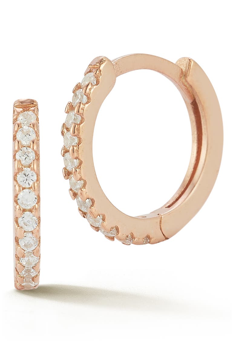 14K Rose Gold Plated Cubic Zirconia Huggie Hoop Earrings, Main, color, ROSE GOLD