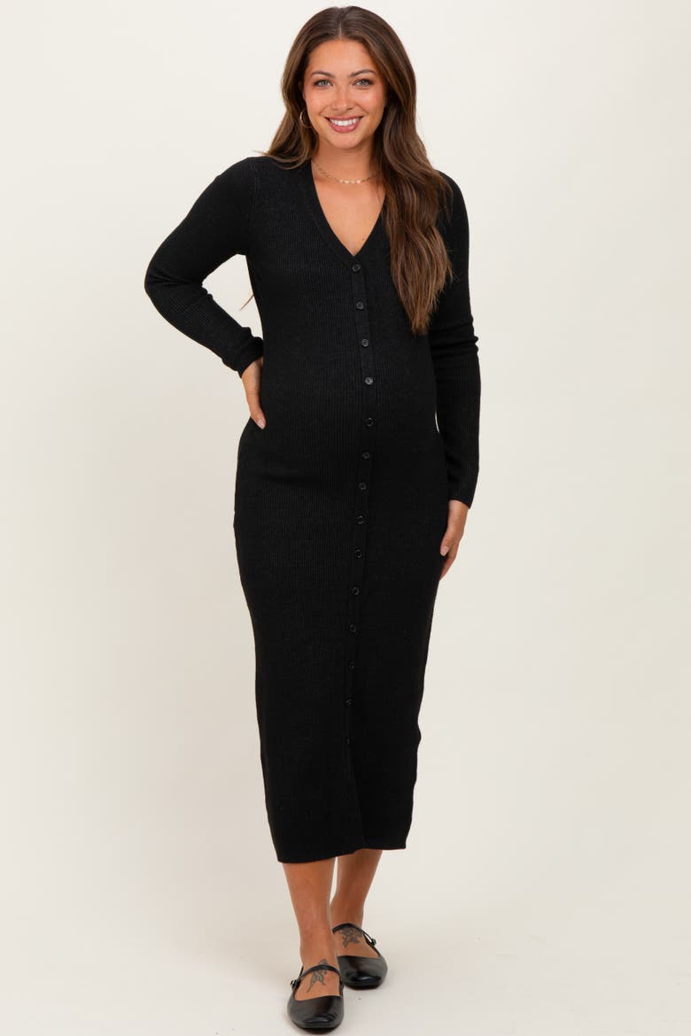 Ribbed Knit Button Down Long Sleeve Midi Dress, Main, color, Black