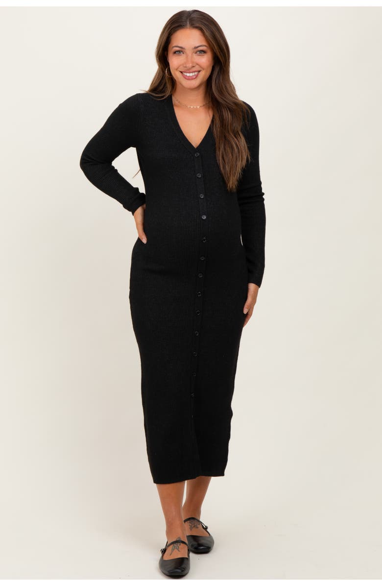 PinkBlush Ribbed Knit Button Down Long Sleeve Midi Dress, Main, color, Black