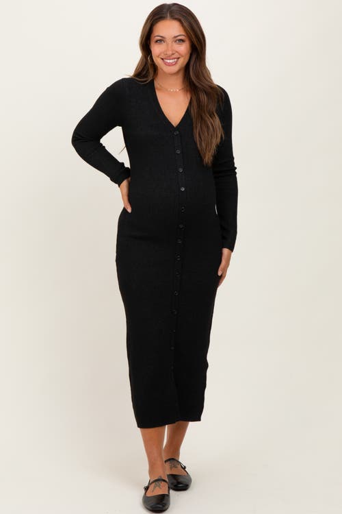 Pinkblush Ribbed Knit Button Down Long Sleeve Midi Dress In Black