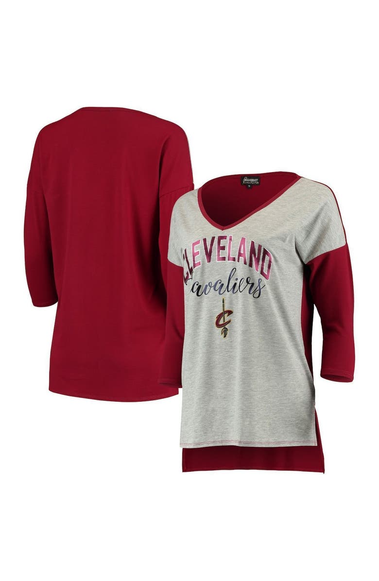 GAMEDAY COUTURE Women's Heathered Gray Cleveland Cavaliers Meet Your Match Colorblock 3/4-Sleeve Tri-Blend V-Neck T-Shirt, Alternate, color, 