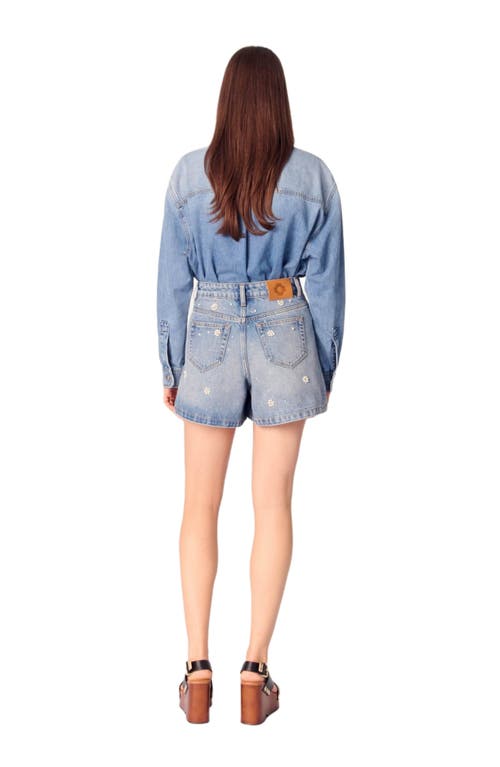 Maje Womens Flower-embellished High-rise Denim Shorts Bleus In Blue
