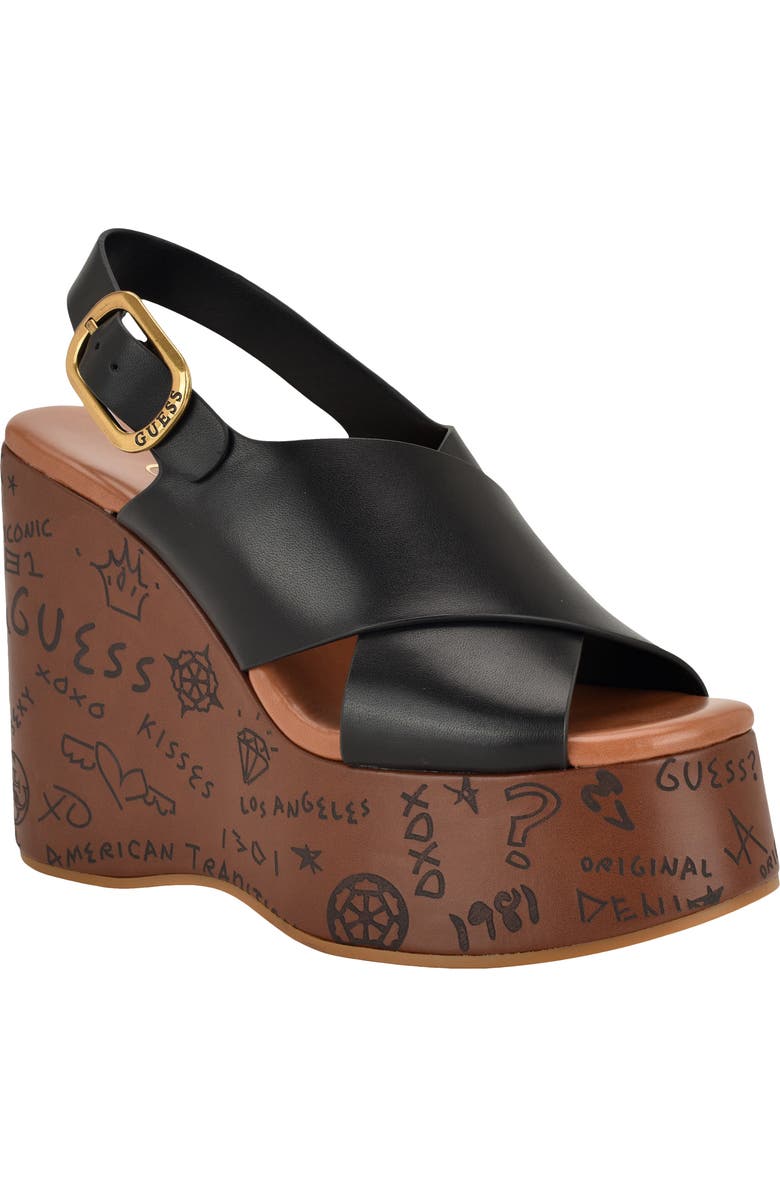 GUESS Yarisel Platform Wedge Sandal, Main, color, Black