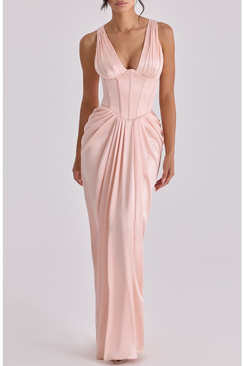 Angeline Sleeveless Satin Corset Gown, Main, color, BLUSH