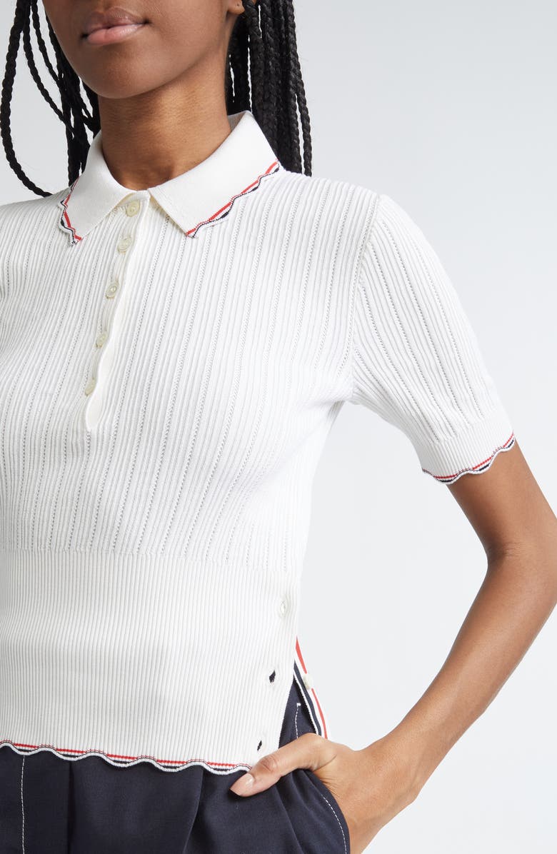 Thom Browne Tuck Scallop Trim Silk & Cotton Pointelle Stitch Polo, Alternate, color, White
