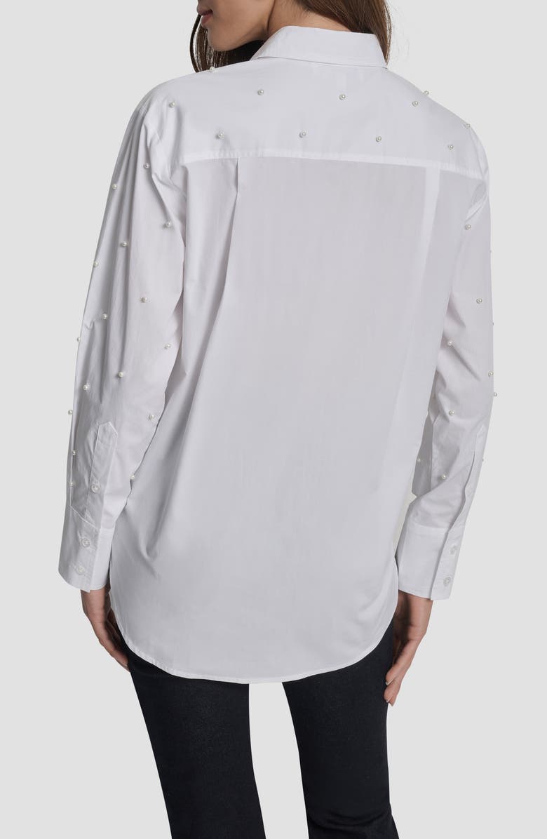 DKNY Jeans Faux Pearl Embellished Button-Up Shirt, Alternate, color, White