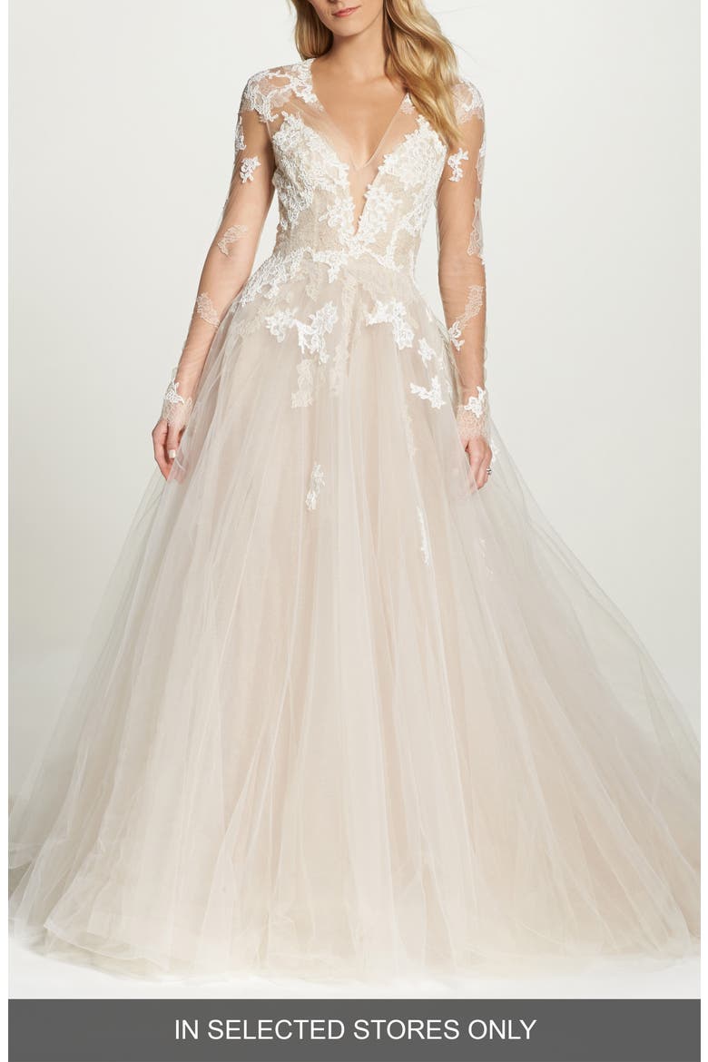 Rachelle Long Sleeve Tulle Wedding Dress, Main, color, LATTE