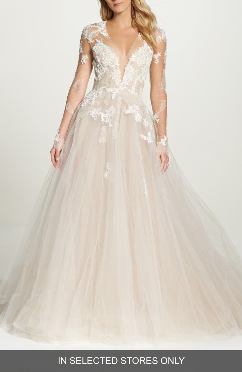 Monique Lhuillier Rachelle Long Sleeve Tulle Wedding Dress, Main, color, 