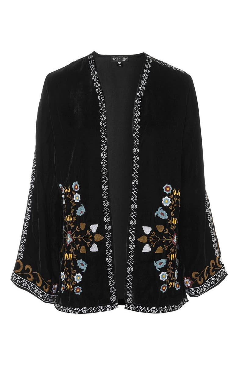 Topshop Embroidered Velvet Short Kimono, Alternate, color,