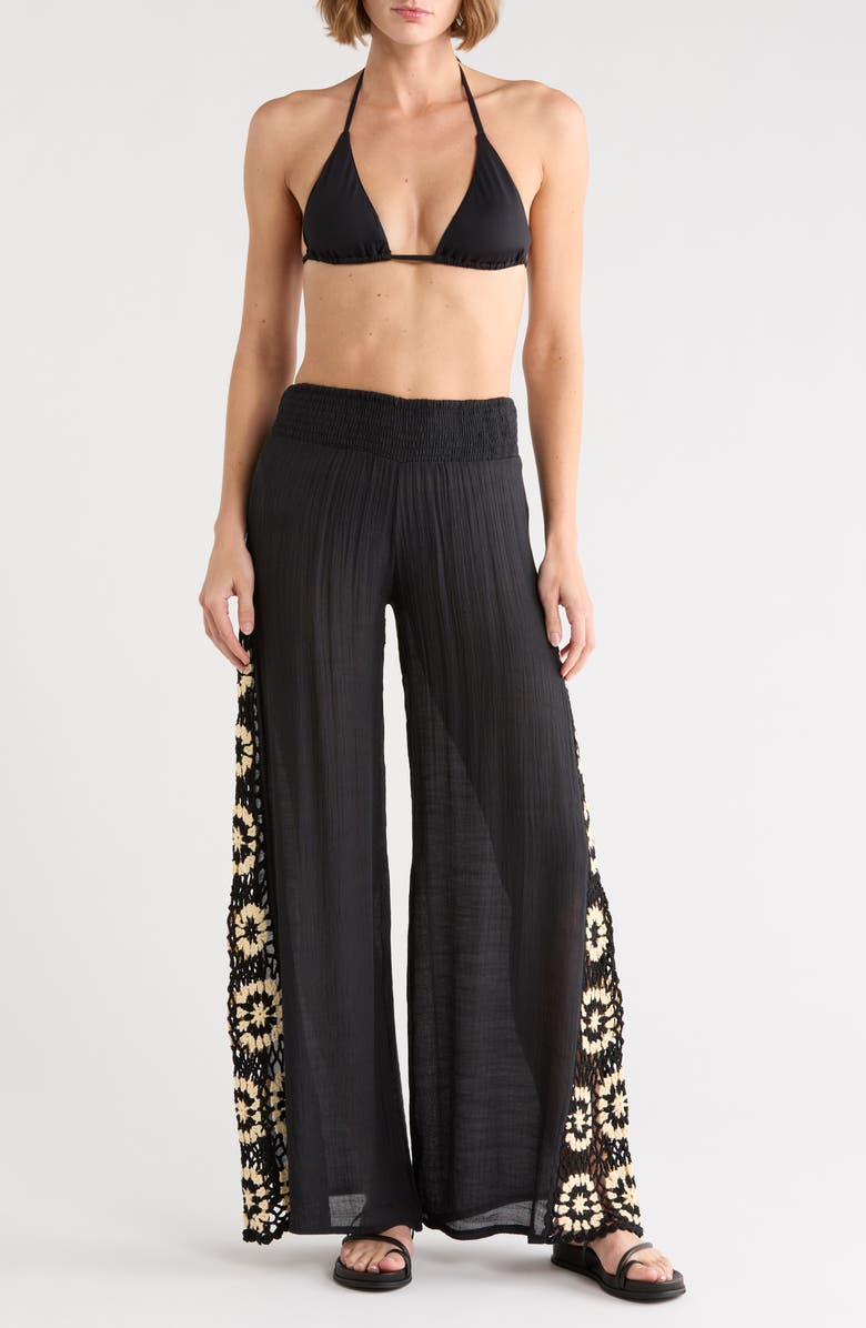 Elan Crochet Side Panel Cover-Up Pants, Main, color, Black/ White Combo