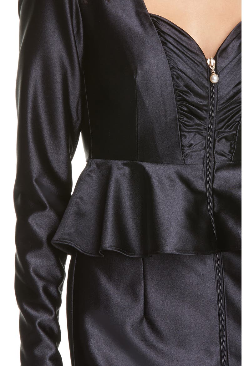 Annie Peplum Waist Long Sleeve Satin Dress, Alternate, color, BLACK