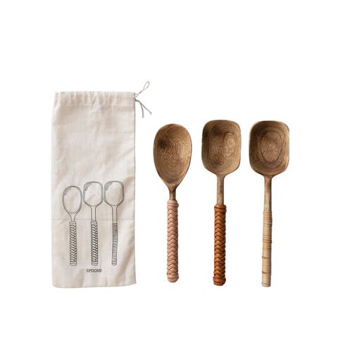 Mango Wood Spoons with wood and Leather Wrapped Handles, Set of 3 in Printed Drawstring Bag