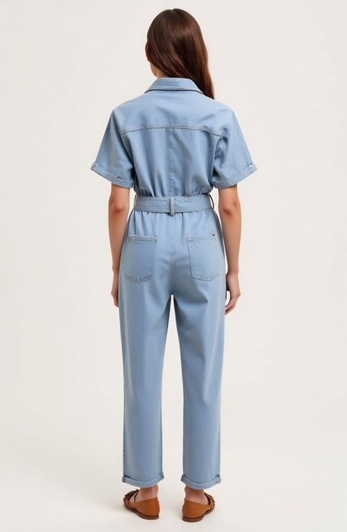 Modenaire Denim Jumpsuit With Tie Waist Rolled Cuffs And Button Front In Blue