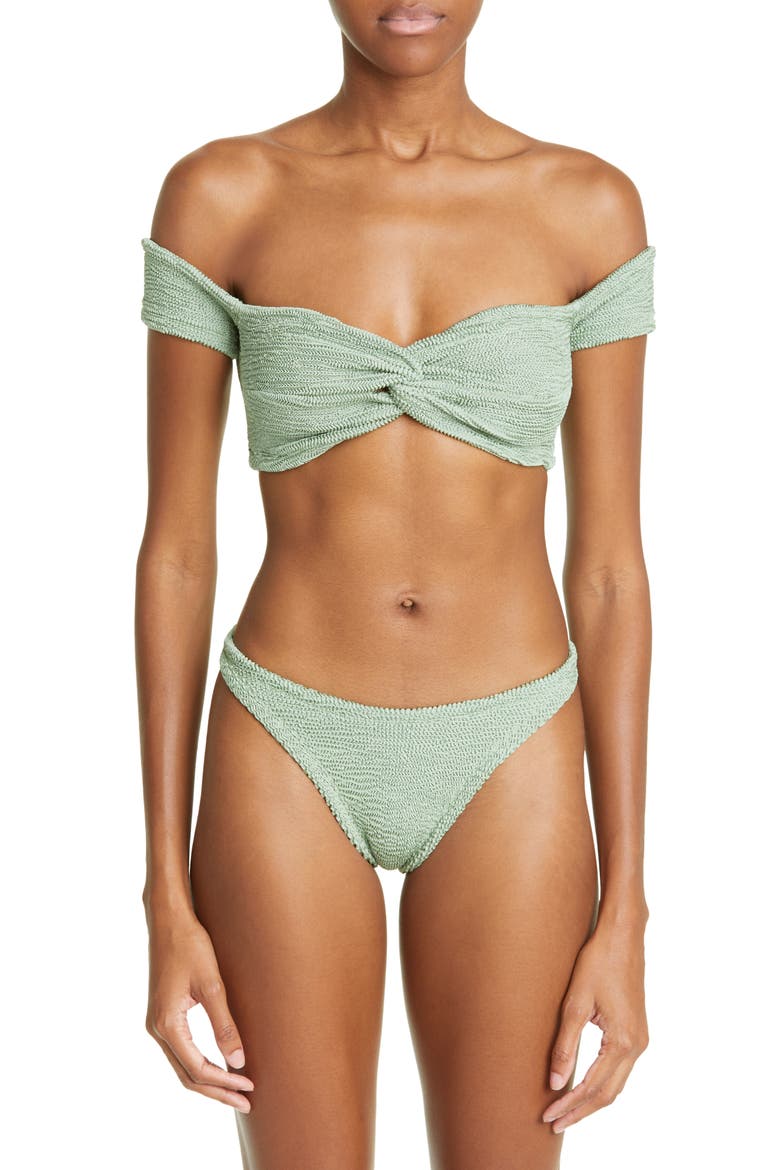 Brigette Off the Shoulder Seersucker Two-Piece Swimsuit, Main, color, METALLIC MOSS