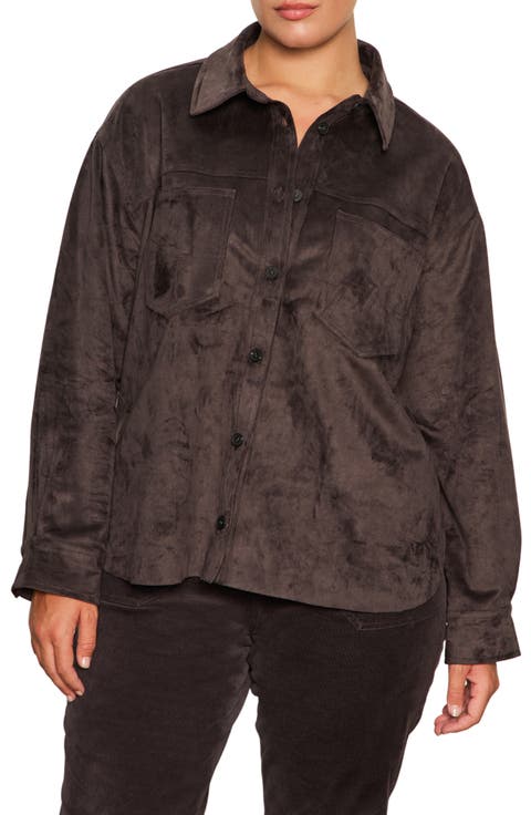 Ivy Faux Suede Long Sleeve Button-Up Shirt (Plus)