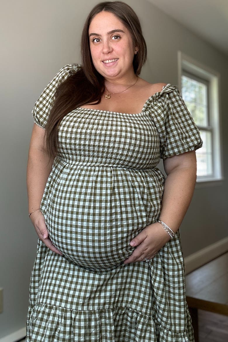 Gingham Smocked Midi Dress, Alternate, color, Olive Green