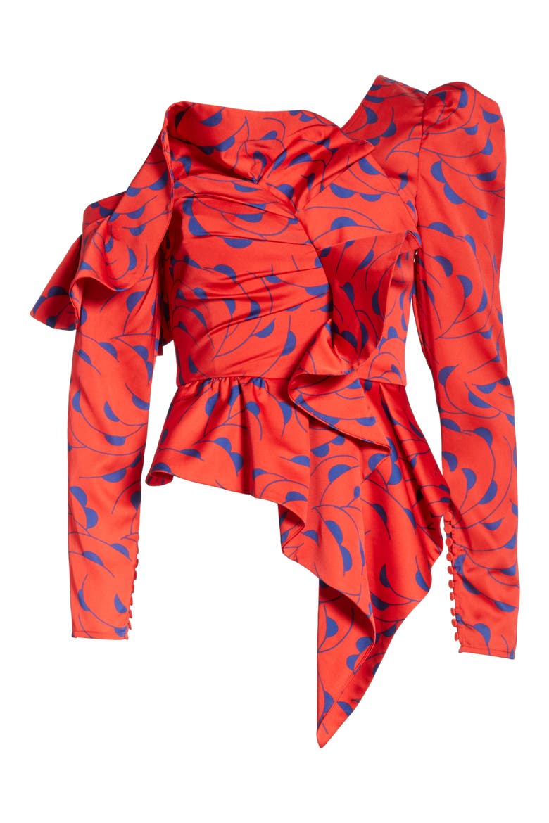 Azalea Print Ruffle Detail One-Shoulder Top, Alternate, color, RED/ NAVY