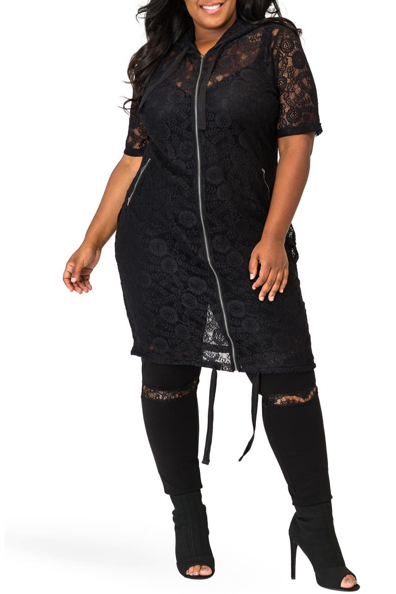Kenny Zip-Up Sheer Lace Hooded Jacket, Main, color, BLACK