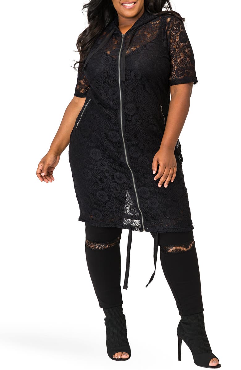 Poetic Justice Kenny Zip-Up Sheer Lace Hooded Jacket, Main, color, 