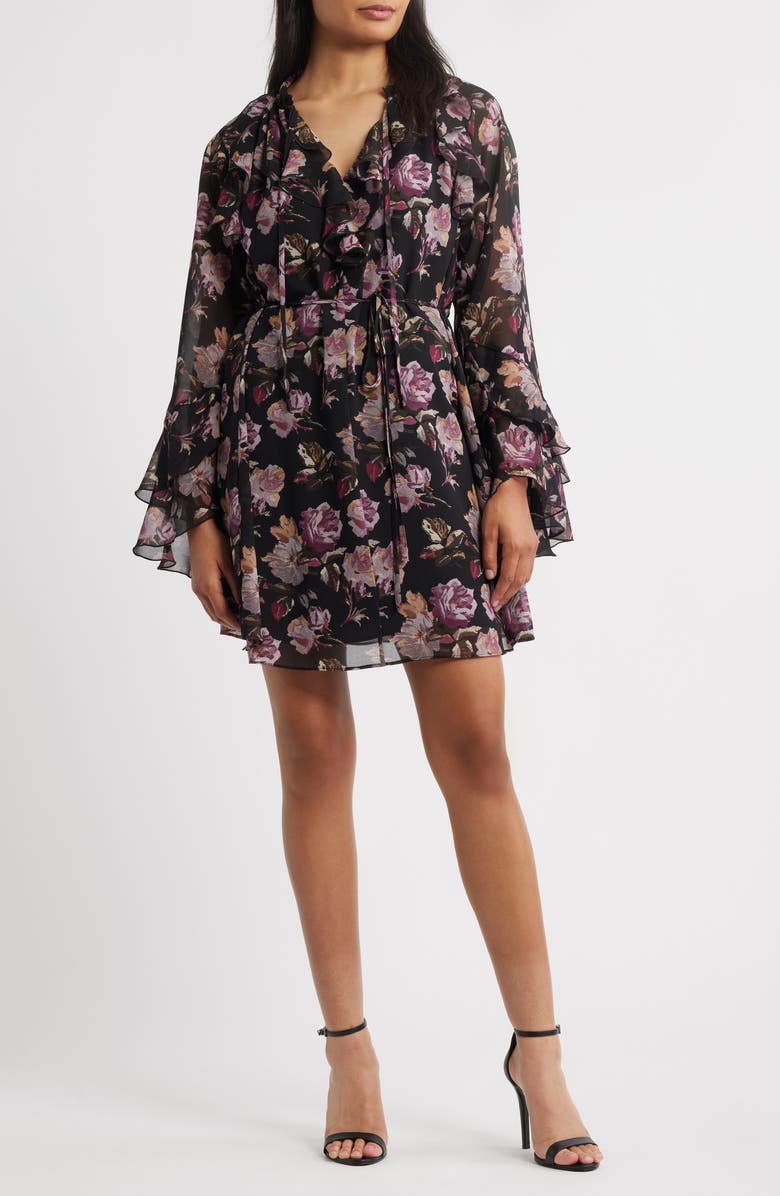 Sam Edelman Dark Rose Long Sleeve Minidress, Main, color, Lavander Multi