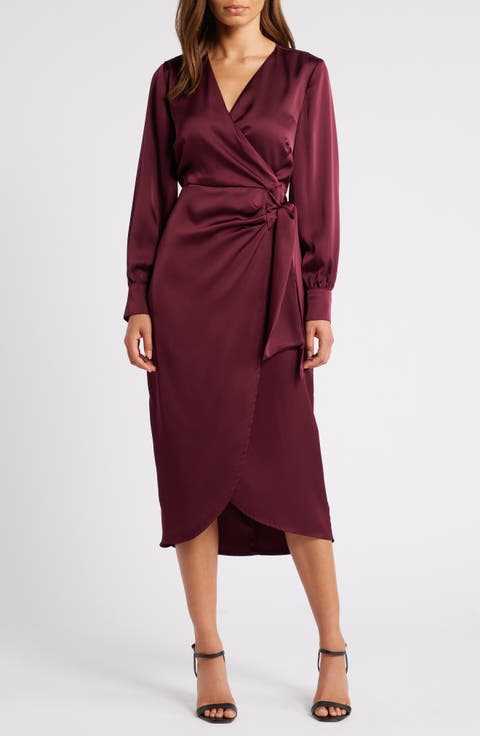 Fluid Long Sleeve Satin Faux Wrap Midi Dress