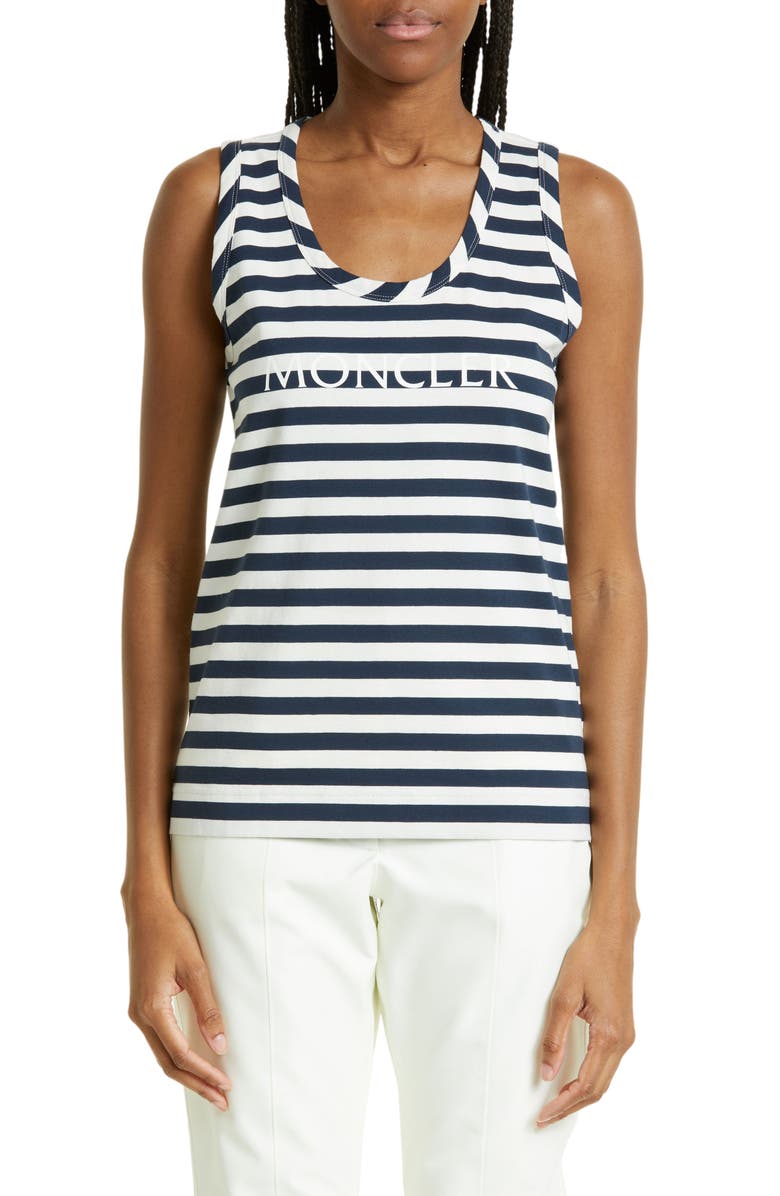 Moncler Stripe Logo Cotton Rib Tank Top, Main, color, 