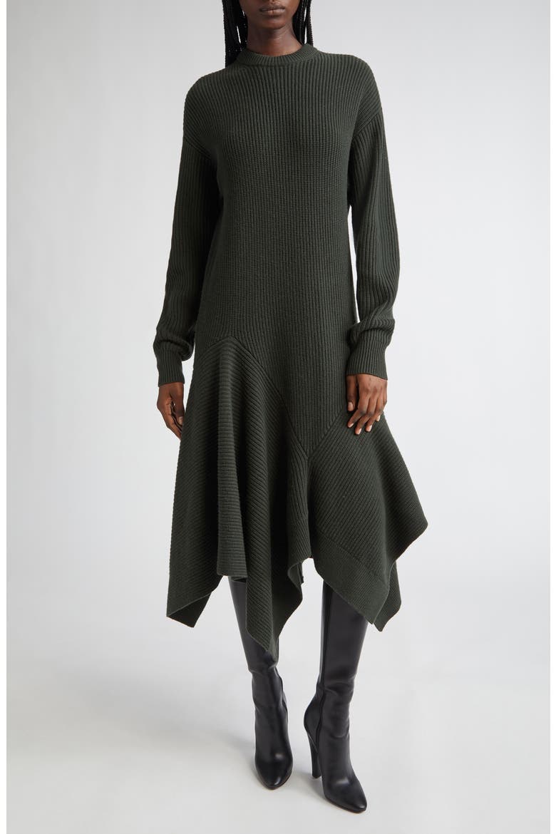 Handkerchief Hem Long Sleeve Cashmere Rib Sweater Dress, Main, color, BOTTLE