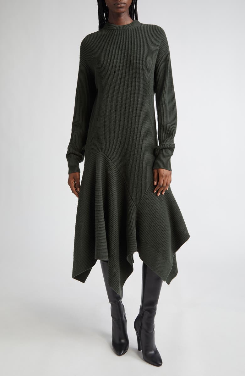 Michael Kors Collection Handkerchief Hem Long Sleeve Cashmere Rib Sweater Dress, Main, color, Bottle