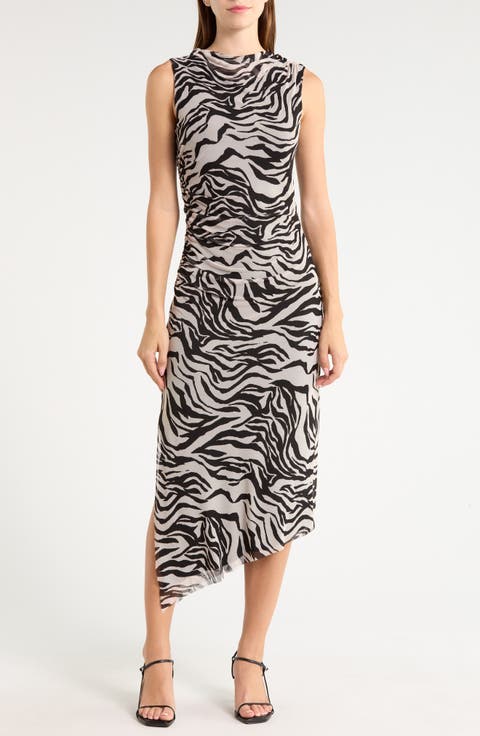 Zebra Print Sleeveless Ruched Mesh Maxi Dress