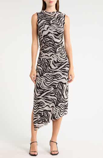 Zebra Print Sleeveless Ruched Mesh Maxi Dress