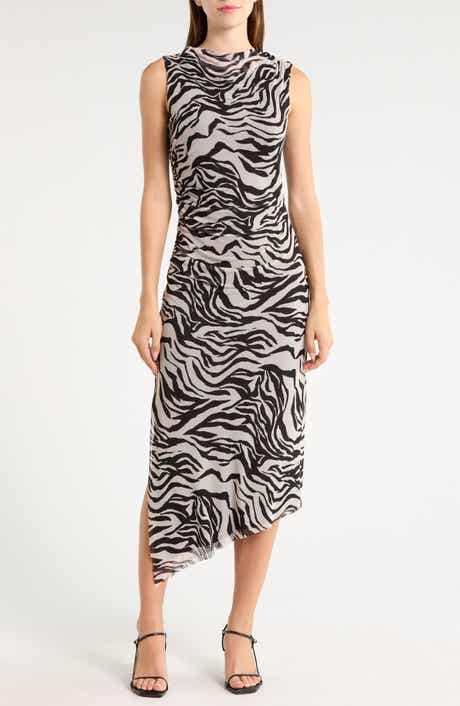 Zebra Print Sleeveless Ruched Mesh Maxi Dress
