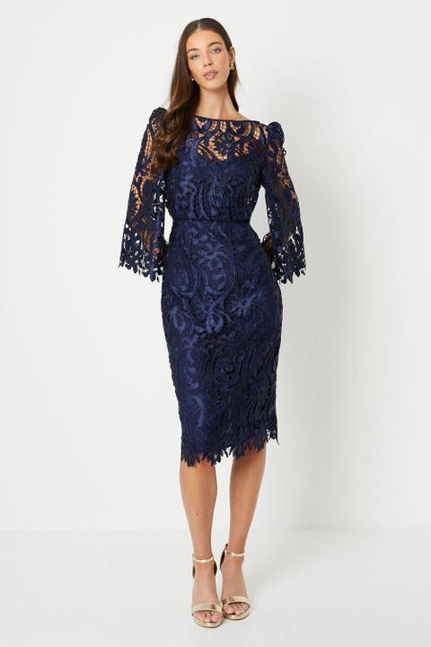 Satin Lace Boat Neck Fluted Dress