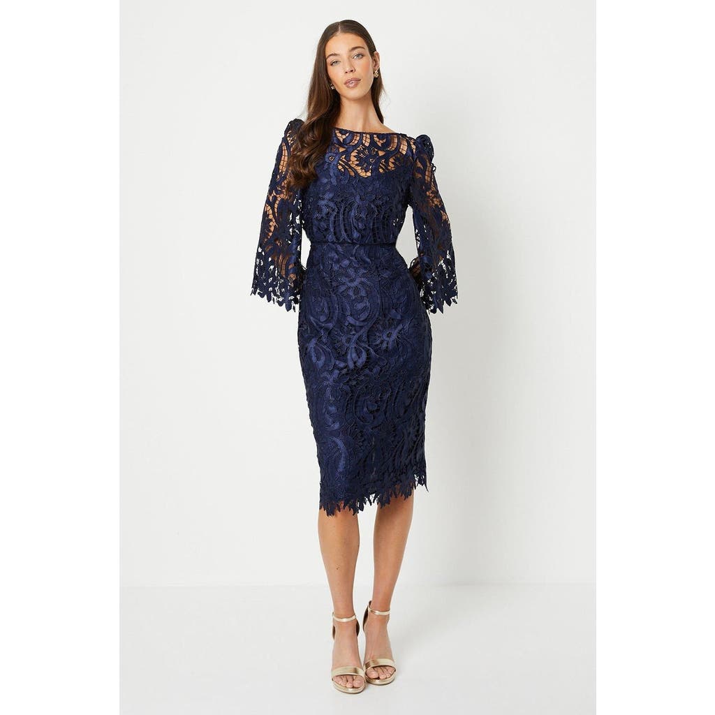 Coast Satin Lace Boat Neck Fluted Dress In Blue