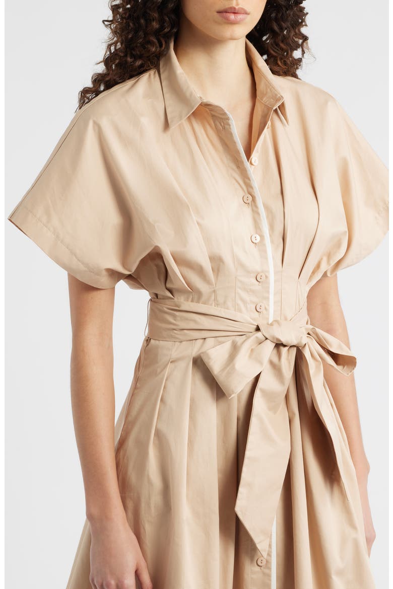 Tie Waist Midi Shirtdress, Alternate, color, KHAKI/ WHITE