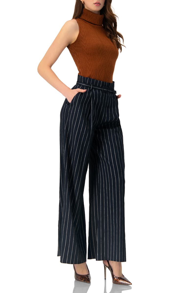 IVONNE Striped Wide-Leg Trousers with Belt, Alternate, color, Navy Blue